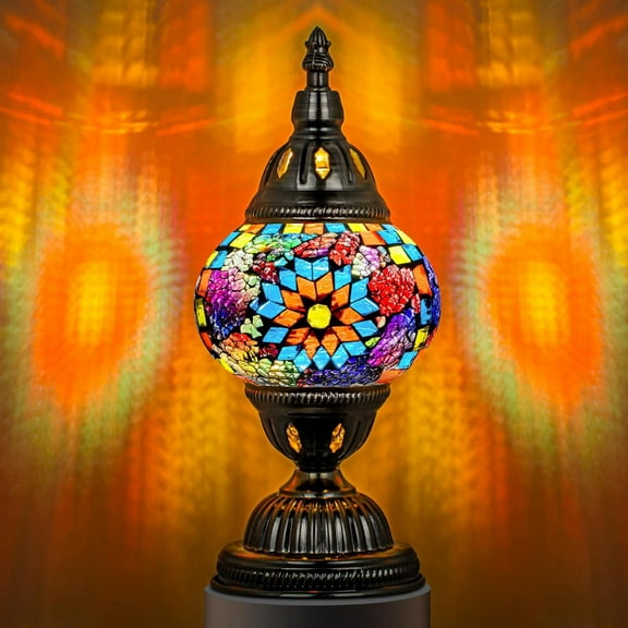 Turkish Table Lamp with Bronze Base，Handmade Colorful Moroccan Tiffany Style Mosaic Glass Night Stand Light Fixture Including LED Bulb for Living Room Bedroom Decor
