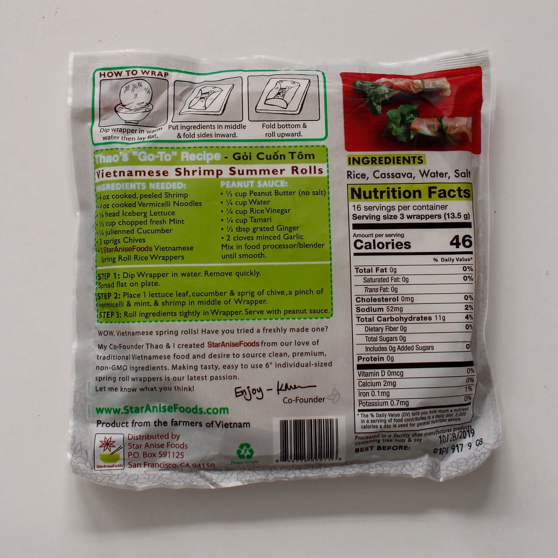 Star Anise Foods, Vietnamese White Rice Spring Roll Wrapper, Gluten Free Non GMO, 8oz