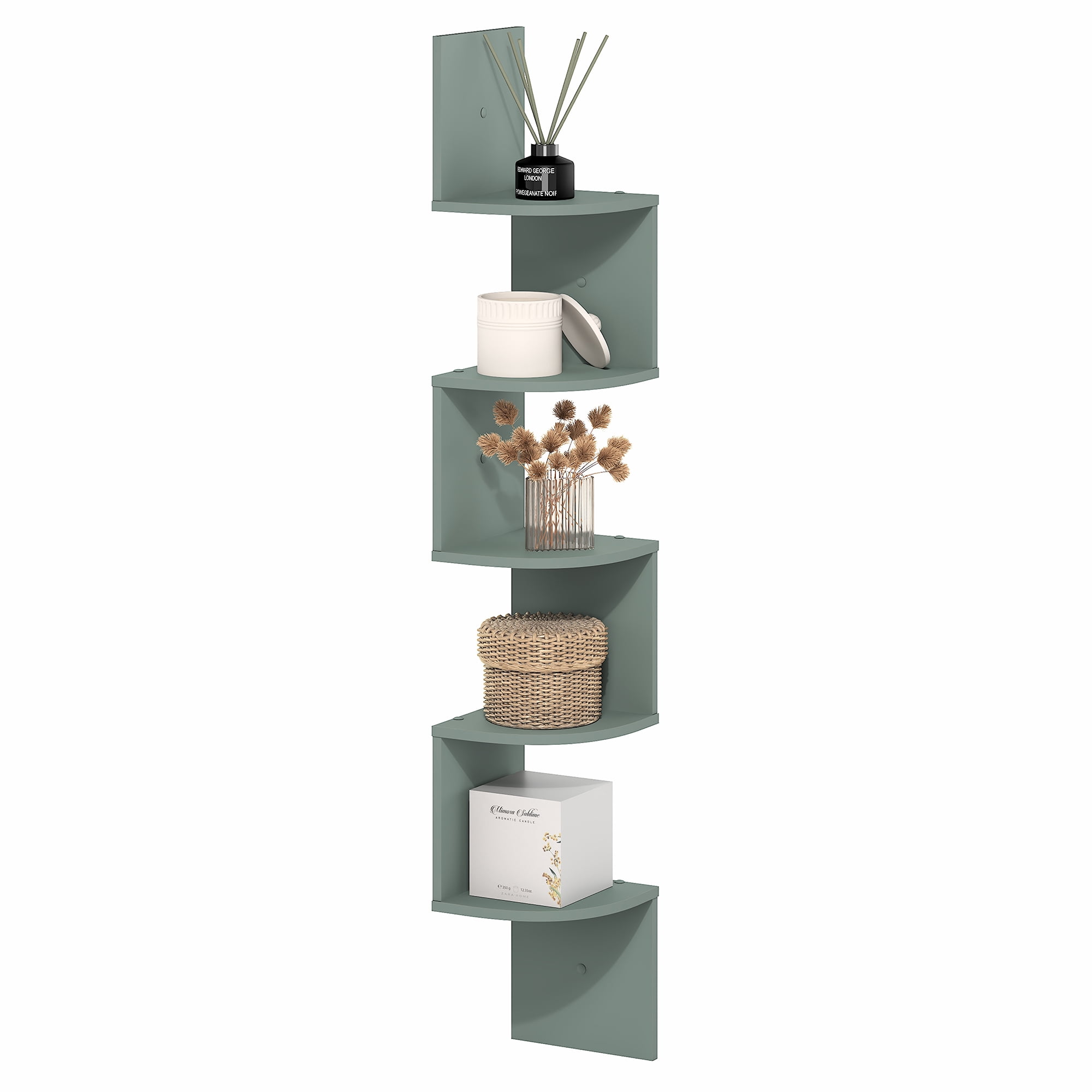 Furinno ROSSI 5-Tier Zigzag Corner Wall Shelf Floating Bookcase in Sage Green
