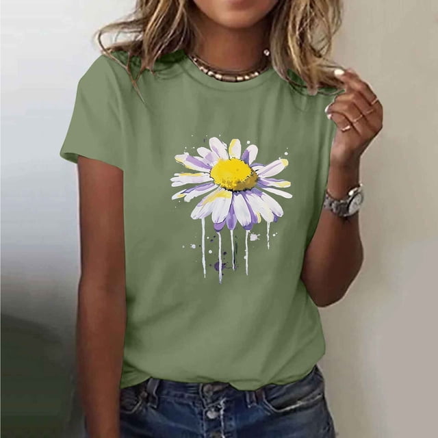 Jienlioq Hauts d'Été pour Femmes T-shirt Imprimé pour Amoureuse Col Rond Manches Courtes Vert Armée L