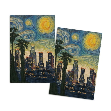 

Los Angeles California Skyline Starry Night City Series (4x6 Birch Wood Postcards 2-Pack Stationary Rustic Home Wall Decor)