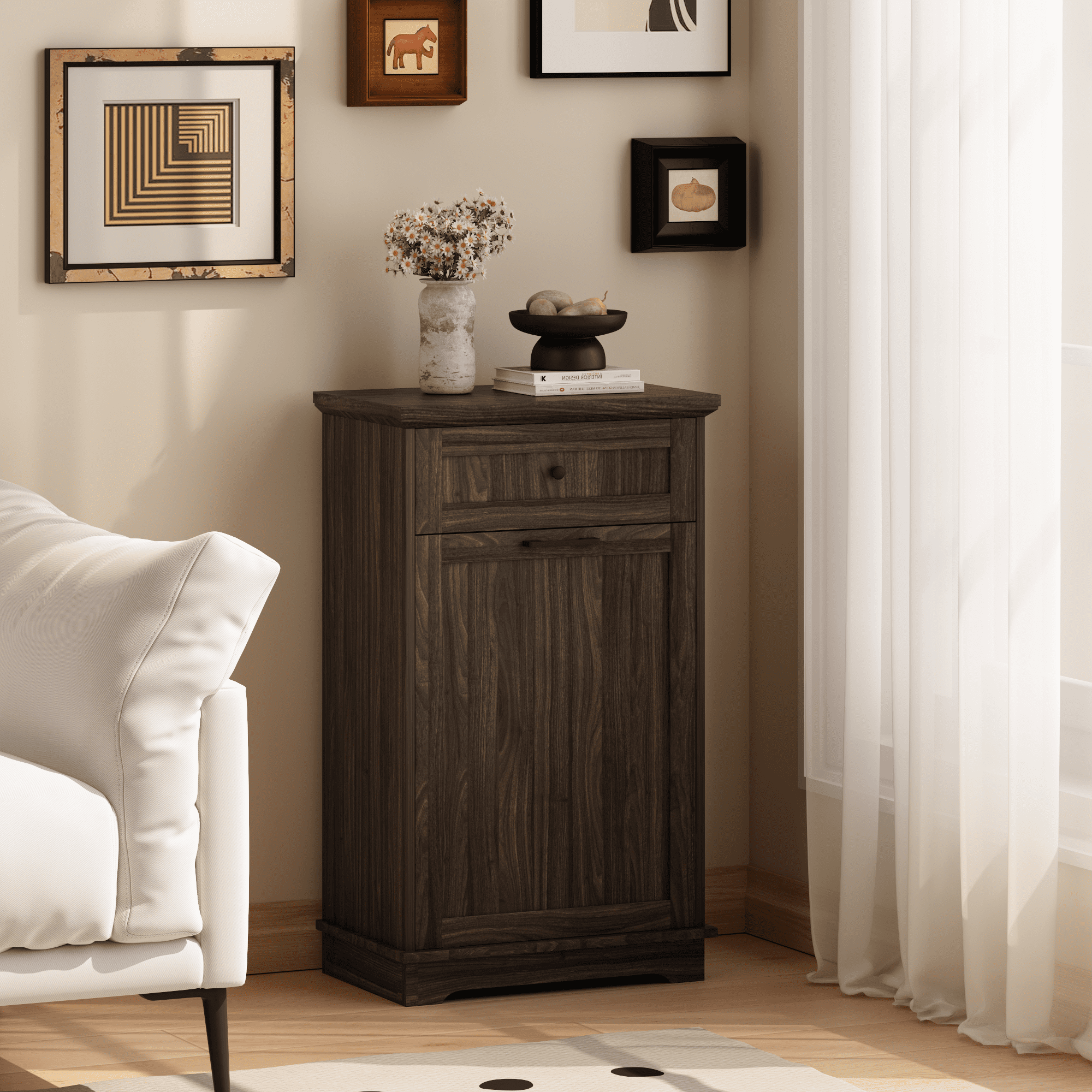 10 Gallon Tilt Out Trash Cabinet Freestanding Trash Bin Cabinet Wood Garbage Recycling Cabinet with Hideaway Drawer Pet Proof Trash Can Holder for Kitchen Living Room, Antique Brown (not include can)