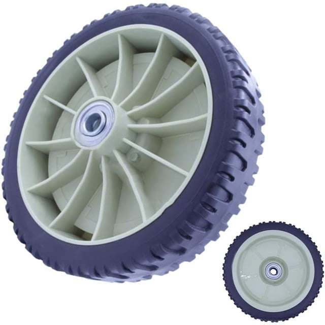 Lawn Mower Wheel, Universal Replacement Wheels for Hand Push Lawn Mowers with a diameter of 19.5 cm. Made from durable rubber, it features a robust design for excellent traction and wear resistance. The wheel is shown in a close-up view, highlighting its sturdy construction, ergonomic design, and universal compatibility for most manual lawn mowers. The light grey hub contrasts with the black rubber tread, ensuring smooth and effortless maneuverability.