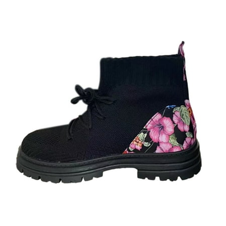 

Fesfesfes Women s Brunt Work Boots Retro Elastic Ankle Boots Fashion Flat Heel Round Toe Flat Boot Heeled Frenum Knitted Embroidery Shoes 9(42)