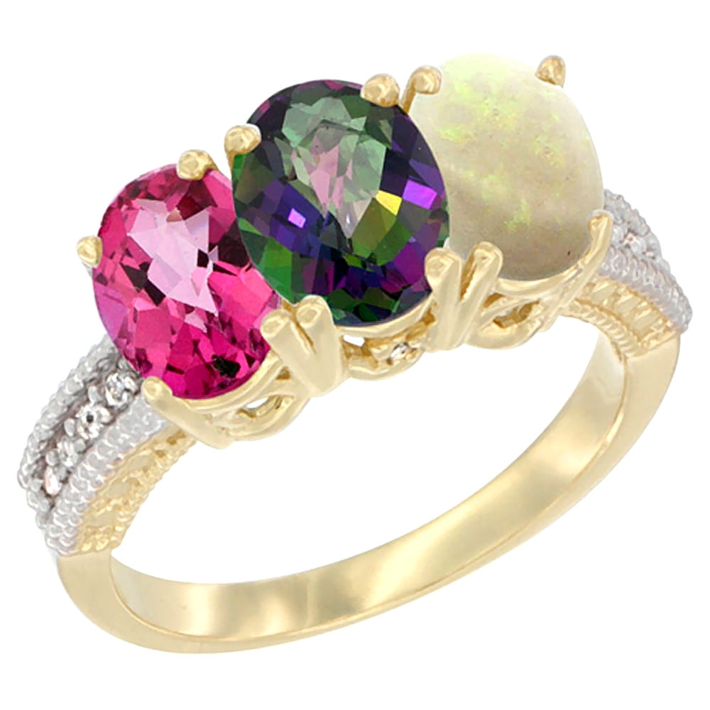 14K Yellow Gold Natural Pink Topaz, Mystic Topaz & Opal Ring 3-Stone 7x5 mm Oval Diamond Accent, sizes 5 10 by WorldJewels