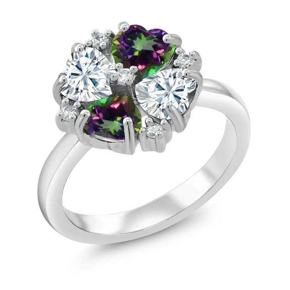 Gem Stone King 925 Sterling Silver Moissanite and Green Mystic Topaz Ring for Women (2.28 Cttw, Heart Shape 5MM, Gemstone Birthstone, Size 5)