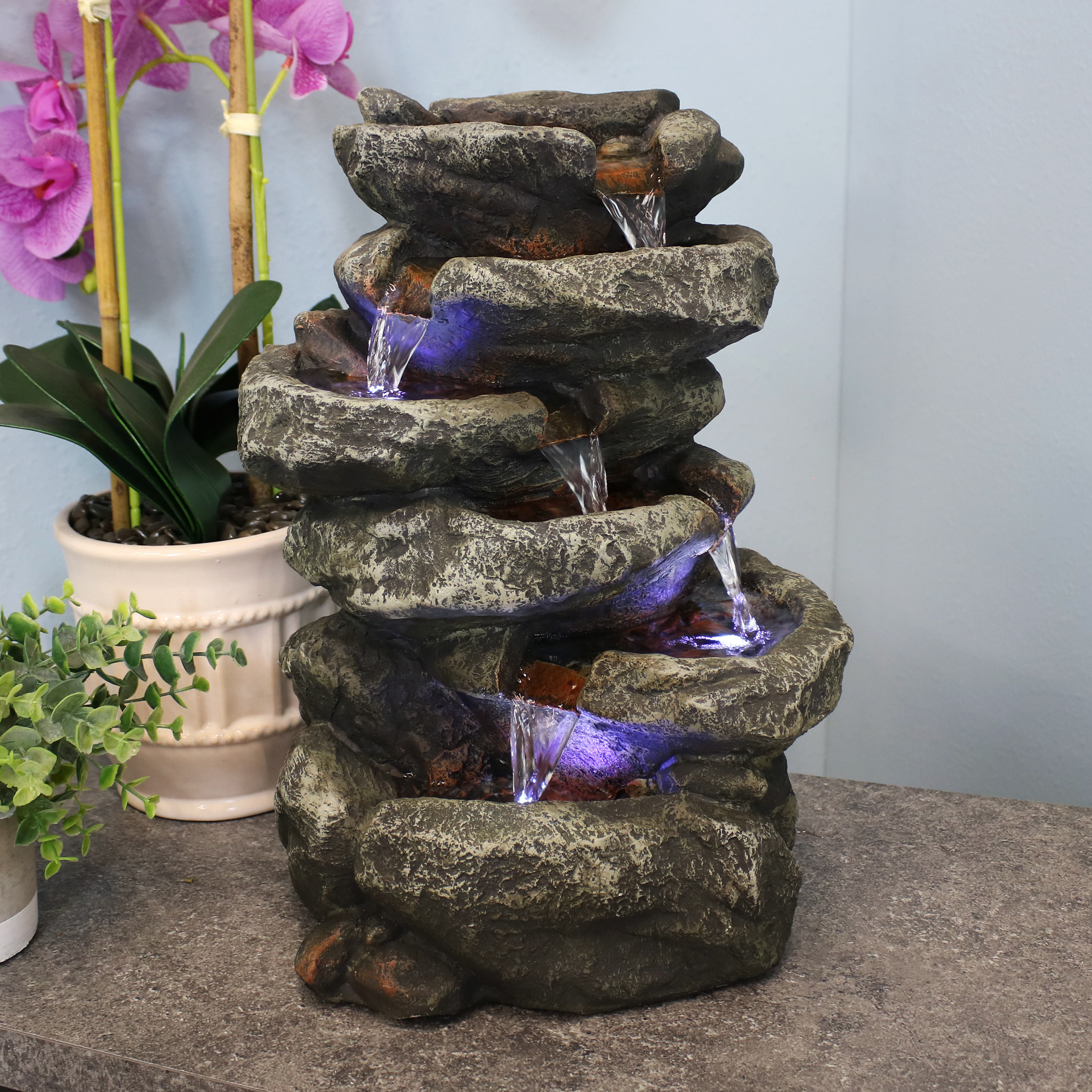 Sunnydaze Décor 6-Tier Stone Falls Tabletop Water Fountain with LED Lights - Peaceful and 