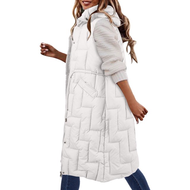 Gibobby Abrigos largos de invierno, Chaleco largo acolchado para mujer, ligero, sin mangas, con bolsillos(Blanco,M)