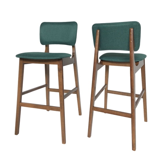 Noble House Marcos Modern 42" Wood Bar Chair, Set of 2, Dark Green, Walnut