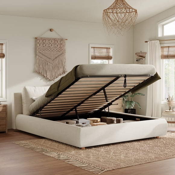 Noble House Queen Size Boucle Upholstered Storage Bed with Hydraulic Lift, Platform Bed Frame with Cushions,Warm White