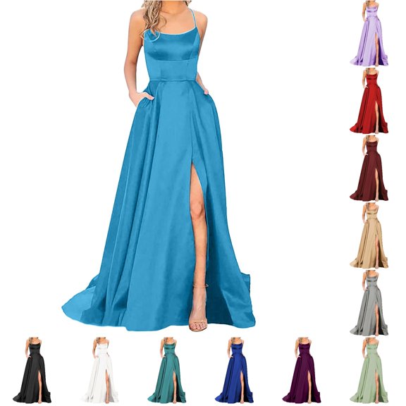 Elegant Satin Prom Dress for Women Long Backless Spaghetti Straps Party Evening Wedding Dress with Side Slit and Pockets