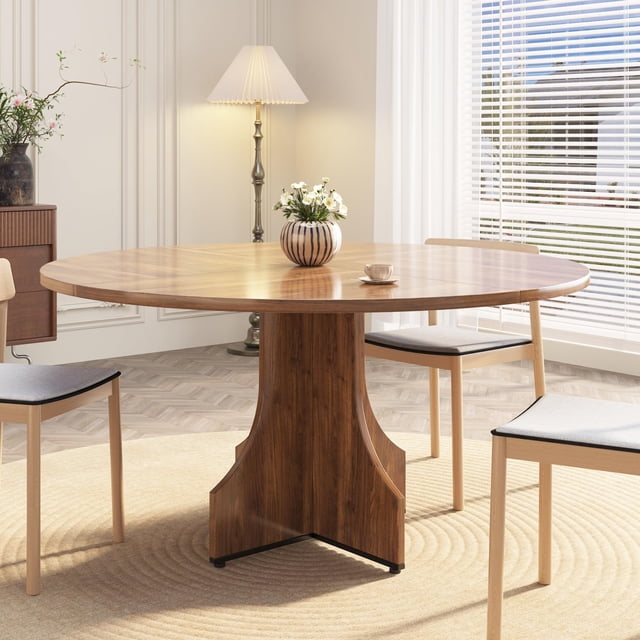 QinaQin Table à Manger Ronde de 47 Pouces pour 4 à 6 Personnes, Table Ronde Rustique de Style Ferme avec Base à Piédestal