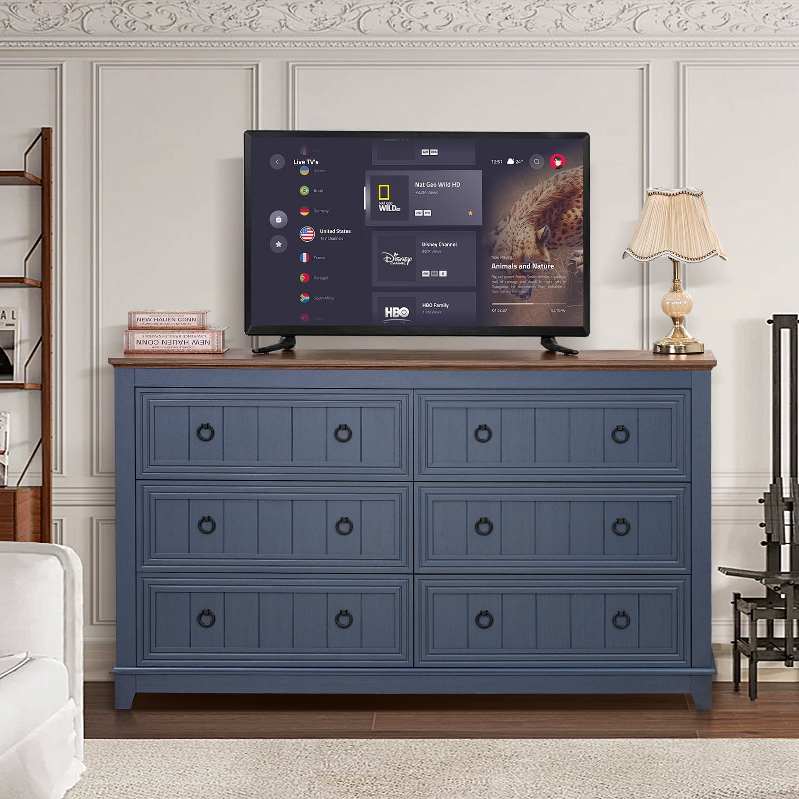 6 Drawer Dresser, Mid Century Modern Dresser with Storage, 54" Wide Chest of Drawers with Wood Grain Texture for Bedroom, Living Room, Hallway, Blue