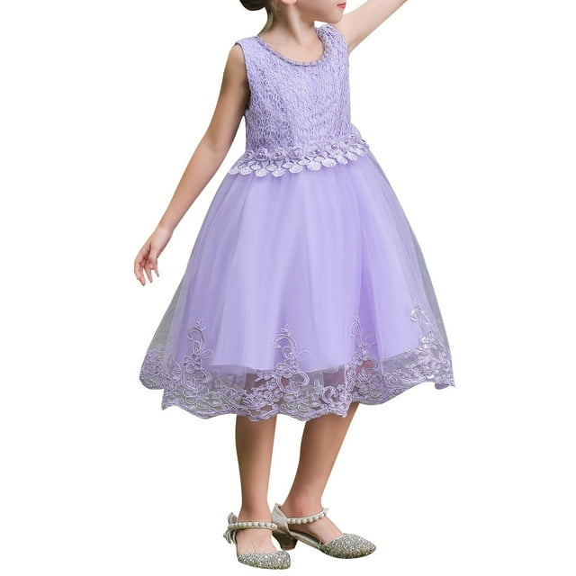 Robes Décontractées Juniors Filles Florales Brodées Col Rond Sans Manches Dentelle Mariage Fête Robe de Soirée Formelle, Violet, 7-8 Ans