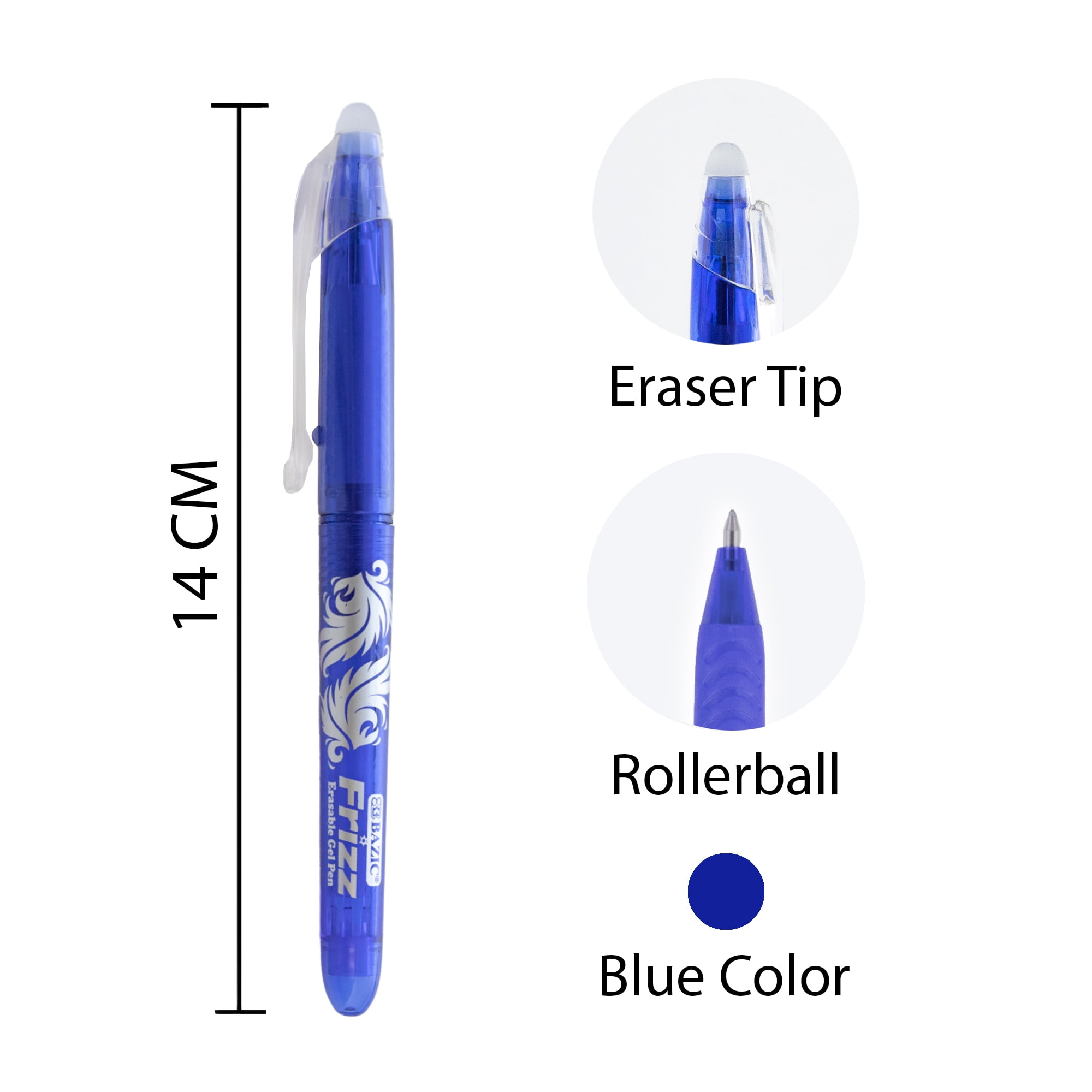 BAZIC Frizz Erasable Gel Pen 0.7mm Blue Color, Pen Mistake Eraser, 24-Pack