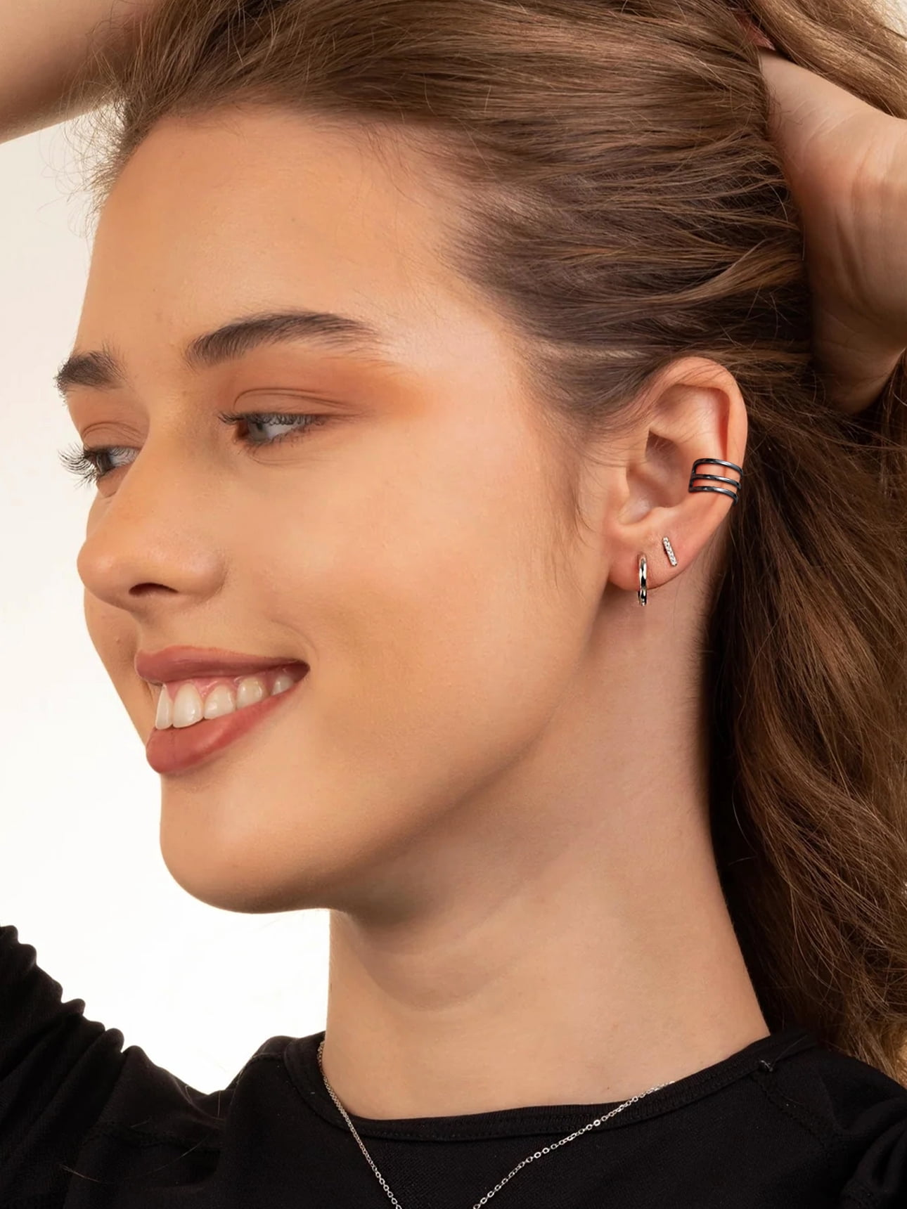 Suplight 925 Sterling Silver Black Plated Ear Cuffs Earrings, Three Layer Smooth-Surface Huggie Clip On Cartilage Earrings for Women