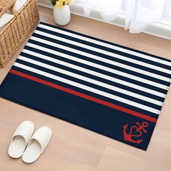 Anchor Navy Blue Bathroom Rug Washable 2x3 Entryway Rug Non Slip Red Nautical White Geometric Stripes Front Door Mat Low Pile Indoor Doormat Throw Floor Carpet for Kitchen Bedroom Entrance