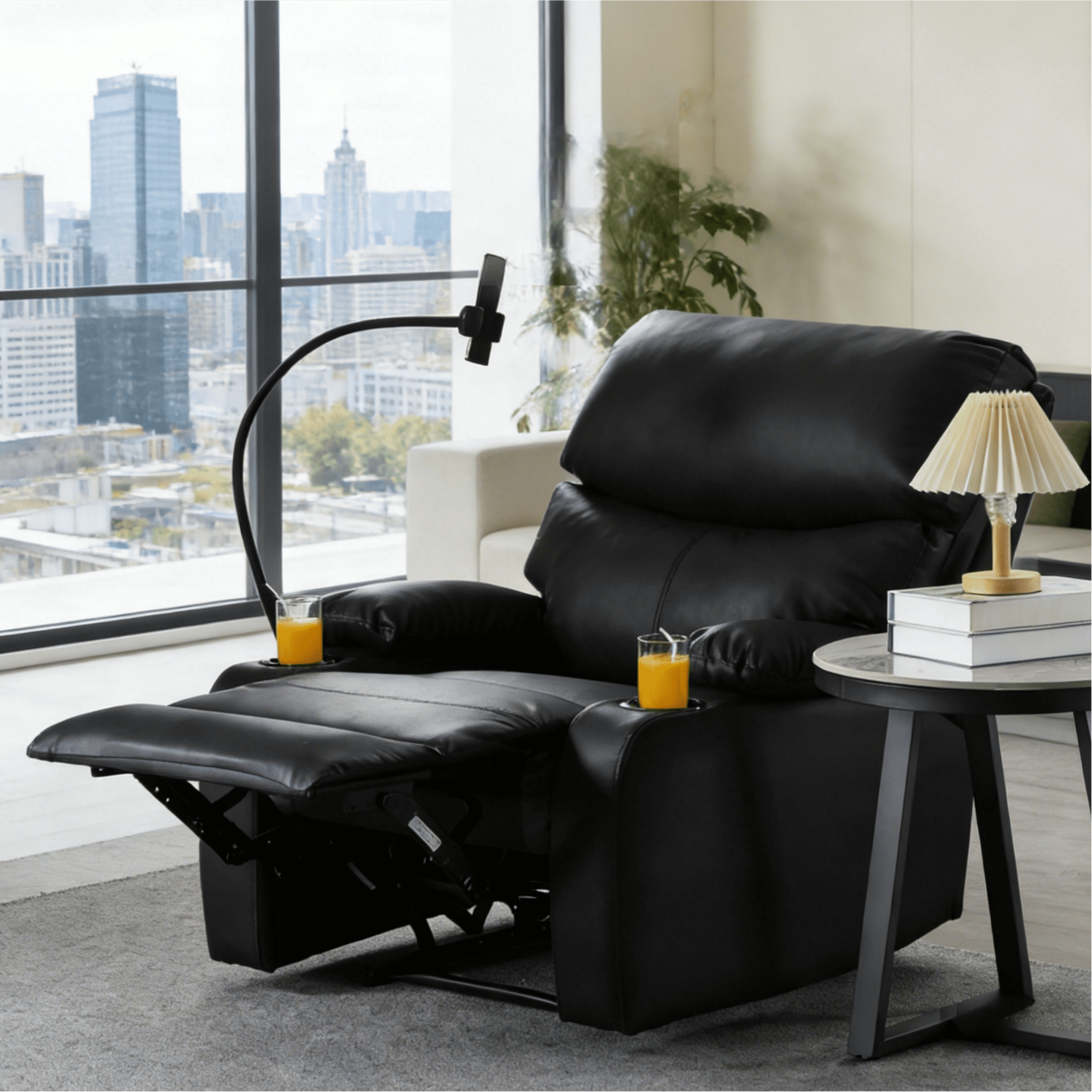 BSHTI Manual Recliner Chair with Phone Holder & Cup Holders, PU Upholstery, Ergonomic Backrest, Solid Wood Frame for Living Room & Bedroom(Black)