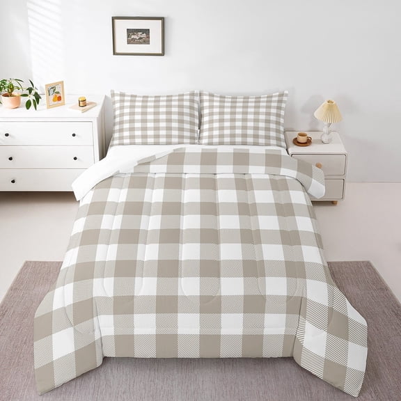 Erosebridal Brown Buffalo Bedding Twin Comforter Set,Abstract Artwork Down Comforter,Geometric Plaid Bedding Sets Twin with Comforter,Super Cozy Grid Room Decorative,3pcs