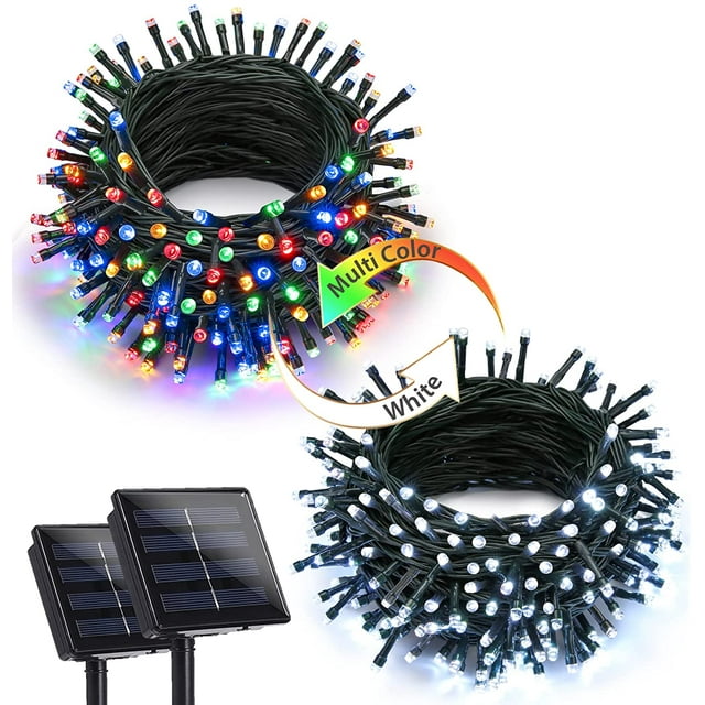 Joomer Luces solares navideñas, 72 pies x 2 paquetes, 200 LED, 8 modos, luces solares de cadena, luces solares impermeables para decoraciones navideñas (blanco)