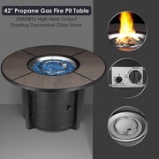 GARTIO 42 Round Propane Fire Pit Table 50,000 BTU Steel Gas Fire Pit with Removable Lid, Cover and Blue Glass Rocks, Outdoor Fireplace Set