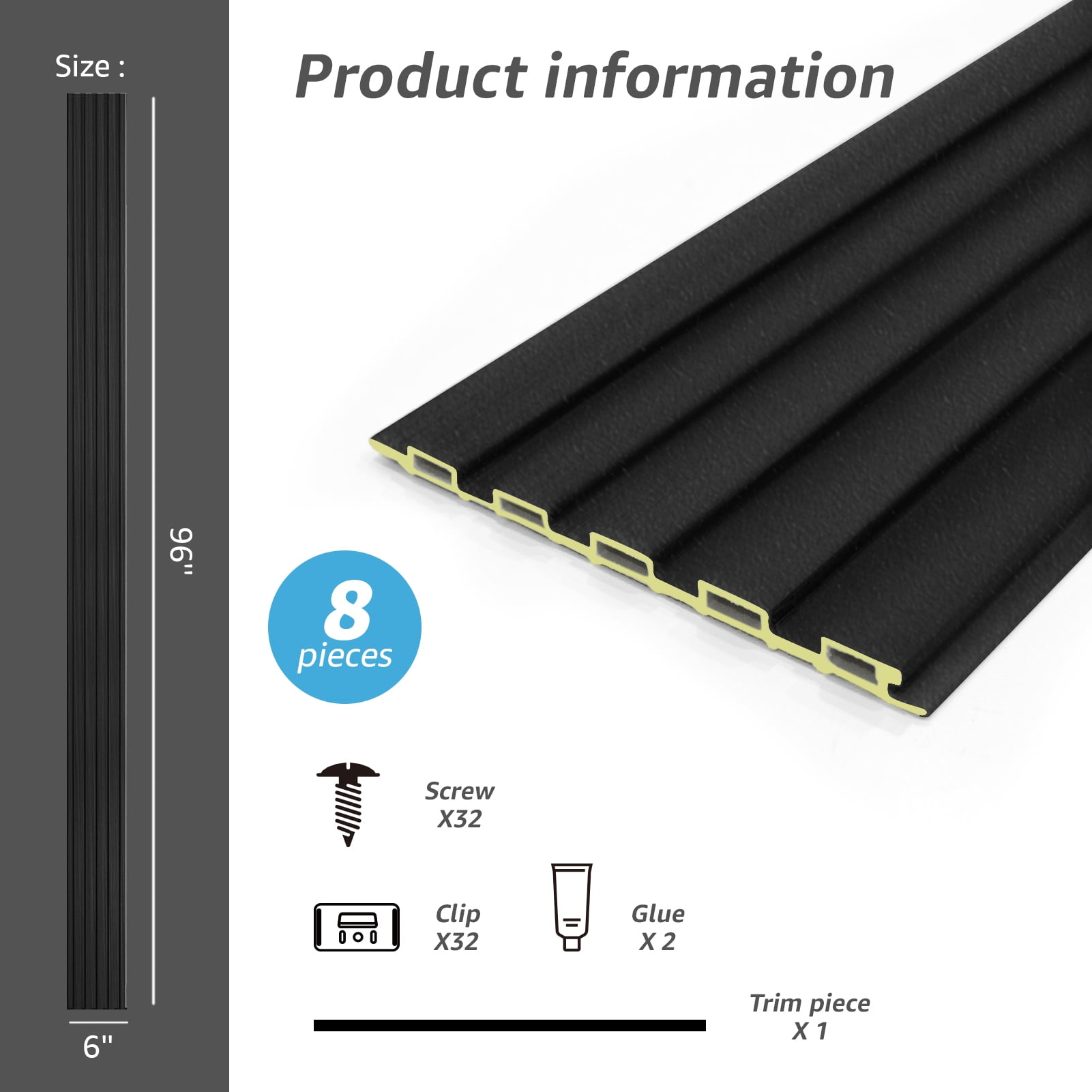 Art3d Slat Wall Panels, WPC Soundproof 3D Wall Paneling, 8-Pack 96 x 6 in. Matte Black