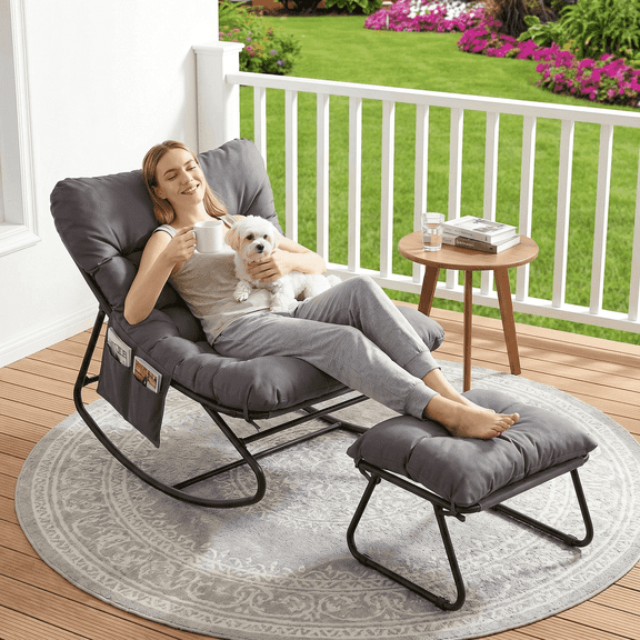 Arlopu Outdoor Papasan Rocking Chair with Ottoman, Oversized Padded Lounge Rocker with Cushion, Comfy Wicker Egg Lounge Chair, Large Indoor Rocking Recliner for Garden Porch Lawn Balcony