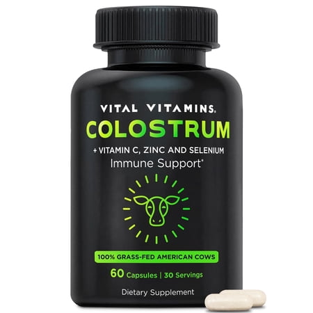Vital Vitamins Colostrum Supplement with Vitamin C, Zinc & Selenium – Immune & Gut Health Support – 100% Grass-Fed Cows – 60 Capsules