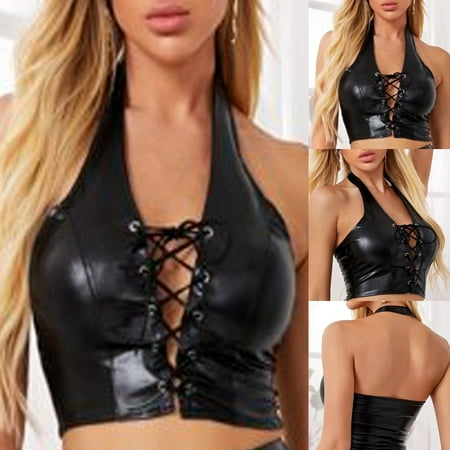 

DENGDENG Womens Sexy Hollow Out Push Up Bra Comfort Halter Leather Bra