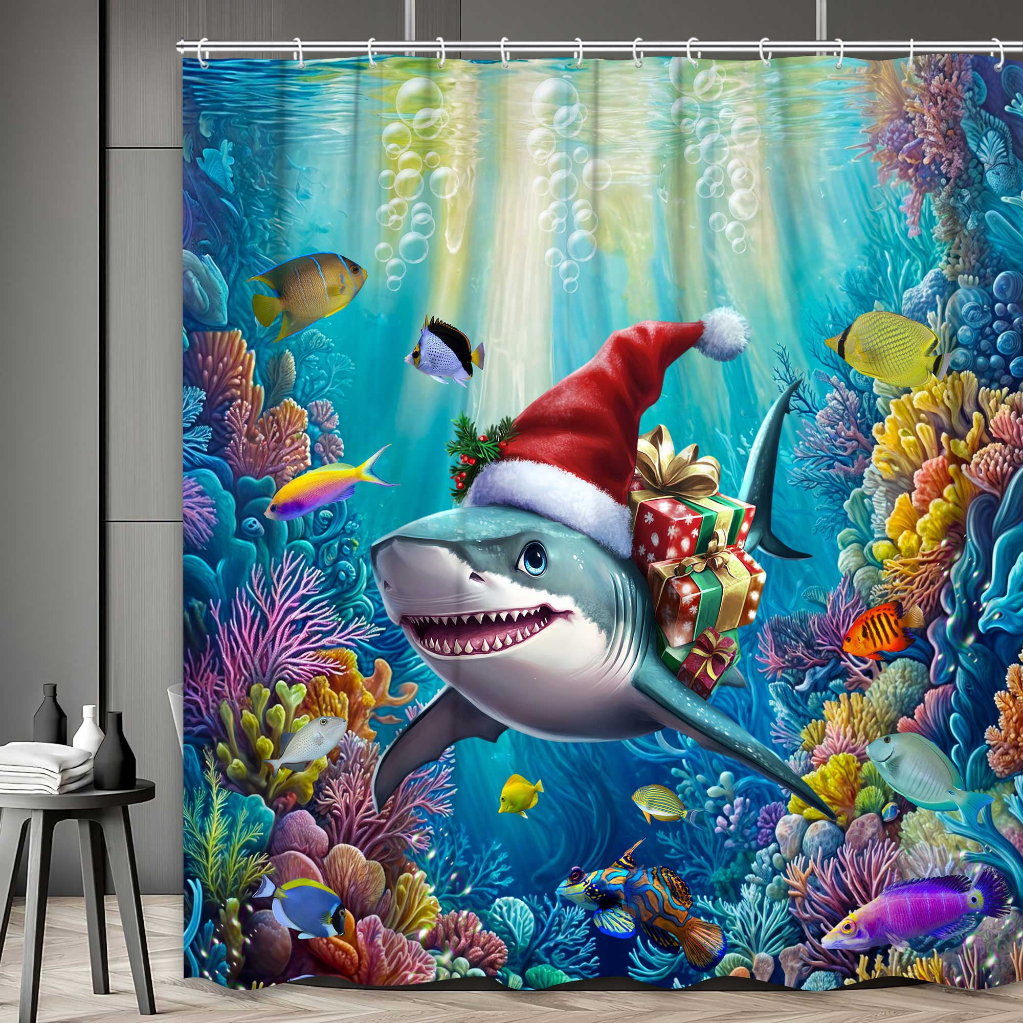 Funny Christmas Shark Shower Curtain, Underwater Ocean Fun Santa Hat Bath Curtain, Winter Kids Bathroom Accessories Colorful Tropical Fishes Coral Bathroom Curtains Set Hooks,72X72in
