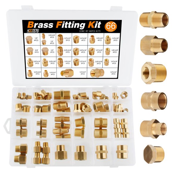 KOOTANS 66pcs Brass Pipe Fittings Assortment NPT Adapter Fitting, Reducer Bushing, Hex Nipple, Reducing Hex Coupling, Pipe Head Brass Plug Kit