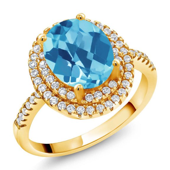 Gem Stone King 18K Yellow Gold Plated Silver Halo Engagement Ring Checkerboard Topaz Moissanite (2.68 Cttw)