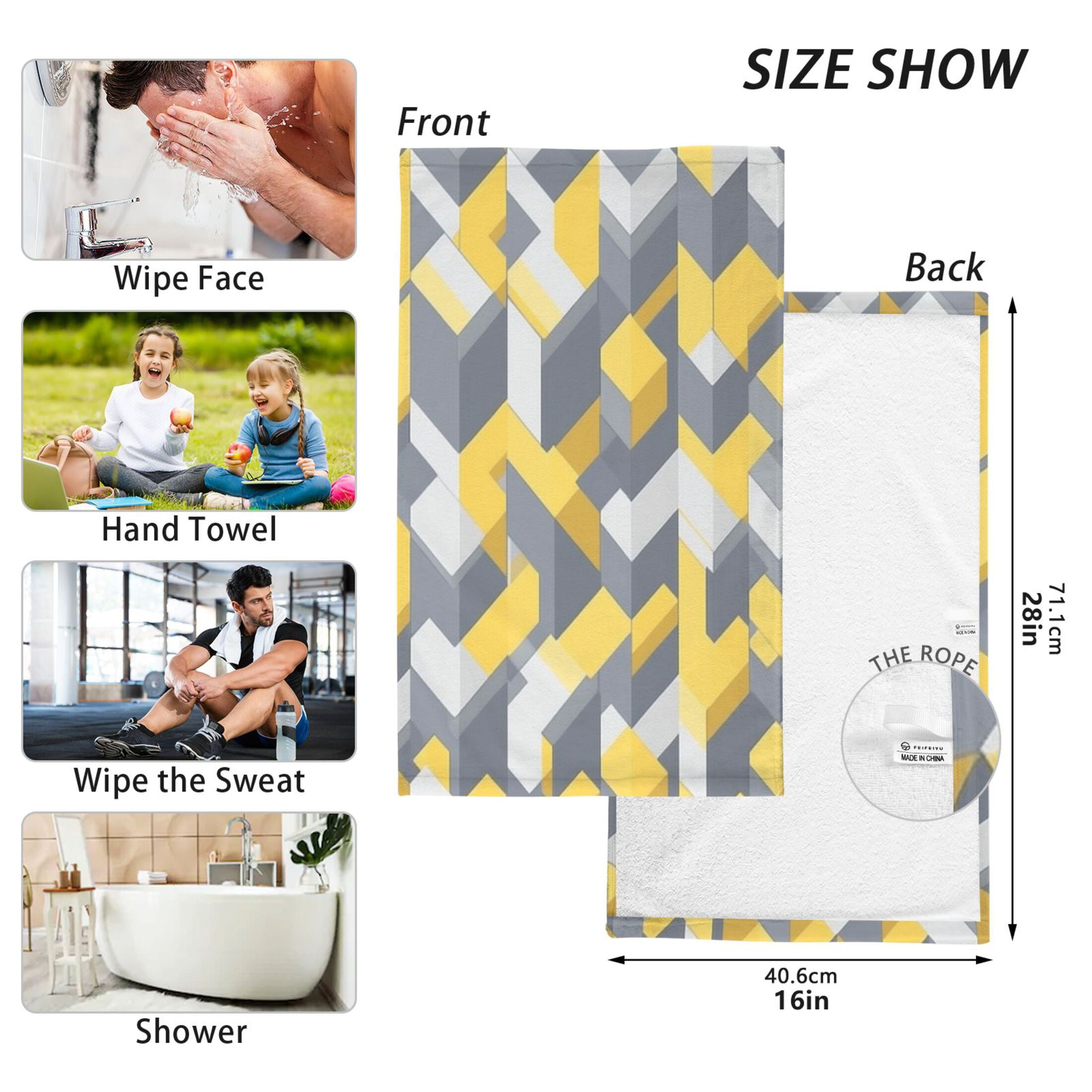 2 Pcs Absorbent Face Towel Bath Hand Towels Soft Breathable Cotton Towel Set for Bathroom Kitchen Hotel Spa Decor Yellow and Grey Cubes