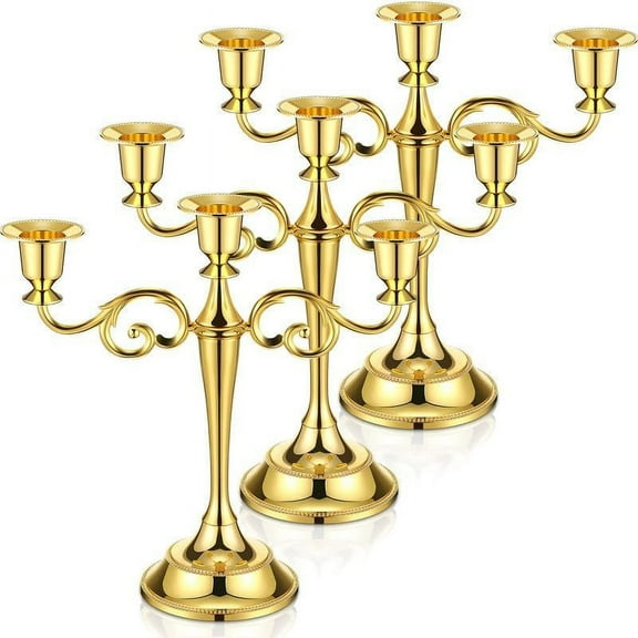 3 Pcs 3 Arm Metal Candelabra Candlestick Holders 10.24 Inch Tall Candlestick Holders Gothic Candle Holder for Home Wedding Church Christmas Party(Gold)