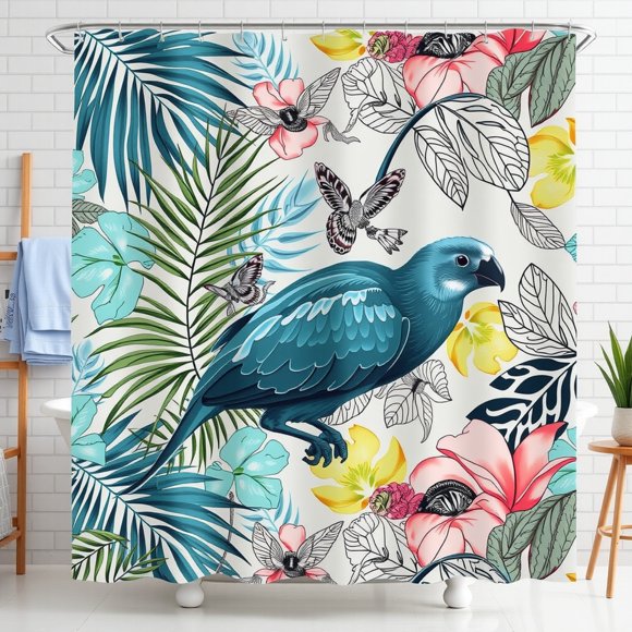 Tropical Shower Curtain with Teal Parrot & Bold Botanical Leaves - Vibrant Bathroom Decor