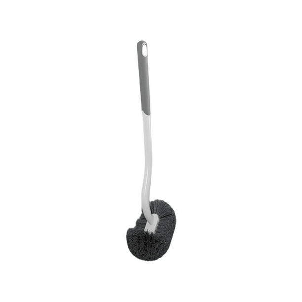 Cepillo para inodoro con 2 cabezales de limpieza. Cepillo de goma con ranuras para limpiar esquinas, grietas y bordes. Mango de plástico azul o gris para uso doméstico en lavabos y bañeras de baño.