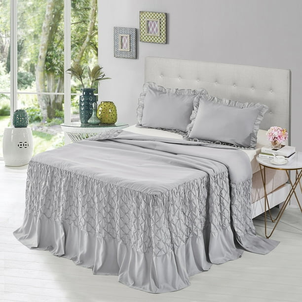 HIG 3 Piece Light Gray Ruffle Skirt Bedspread Set King ...