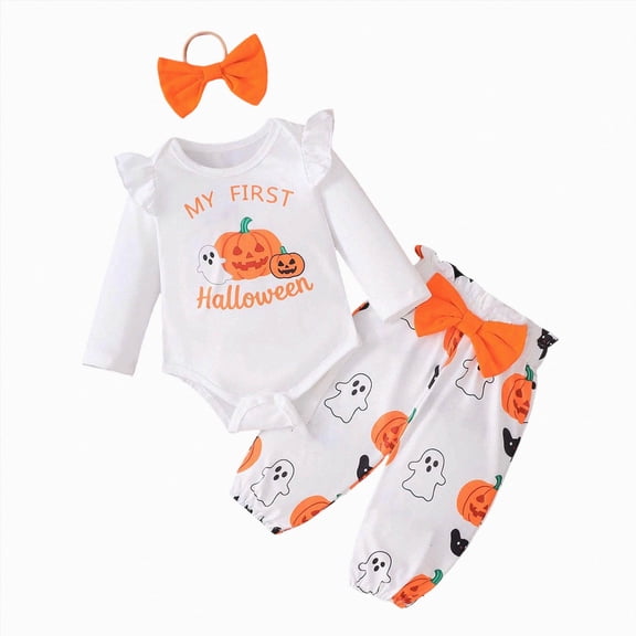 CAICJ98 Newborn Baby Girl Halloween Outfit Ruffle Long Sleeve Romper Bodysuit Bow Pants Set with Headband Cute Infant Fall Winter Clothes (Orange,3-6 Months)