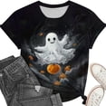 thumbnail image 3 of Women's Lace Ghost Pumpkin Graphic T-Shirts Halloween Creepy Cute Short Sleeve Crew Neck Tops Casual Fall Novelty Tees Holiday Party Clothes, 3 of 6