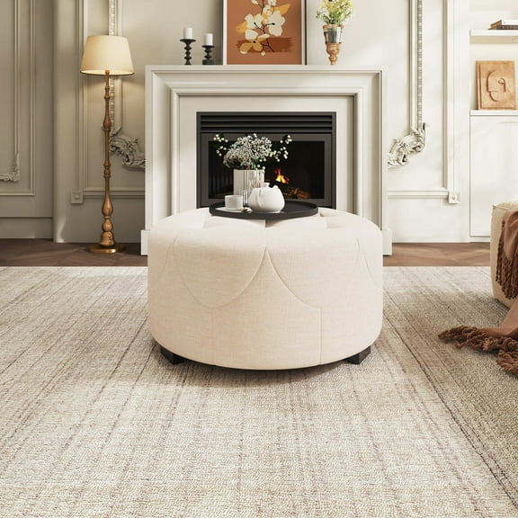 Christopher Knight Home Small Round Ottoman, Beige Linen Button Tufted Footstool, Birch Wood Legs