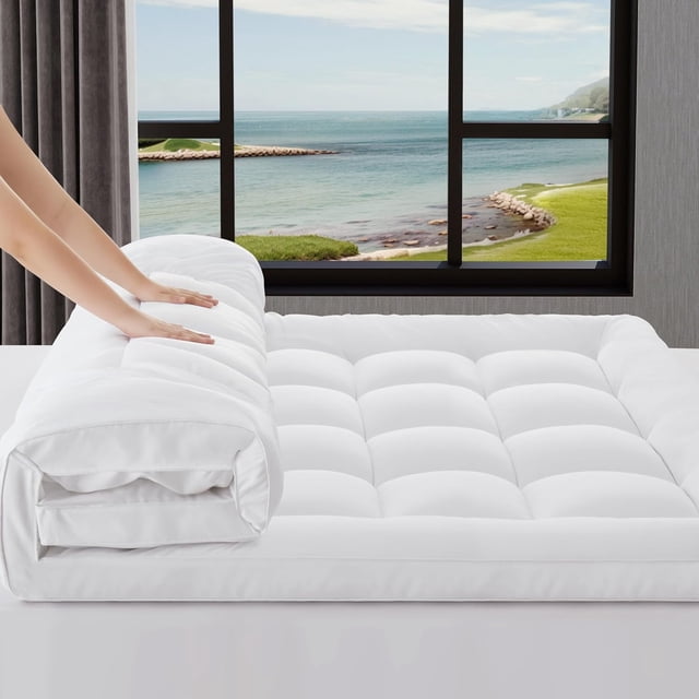 Mattress Pad Pillow Top Mattress Cover Protector Extra Thick Soft for Back Pain Relief Breathable Padded Deep Pocket 8-21 Fitted Supportive(White Border, Queen)