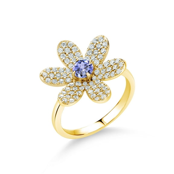 Gem Stone King Blue Tanzanite Keren Hanan ART 18K Yellow Gold Plated Silver Flower Ring for Women (1.28 Ct Round, Gemstone Birthstone, Available in Size 5, 6, 7, 8, 9)
