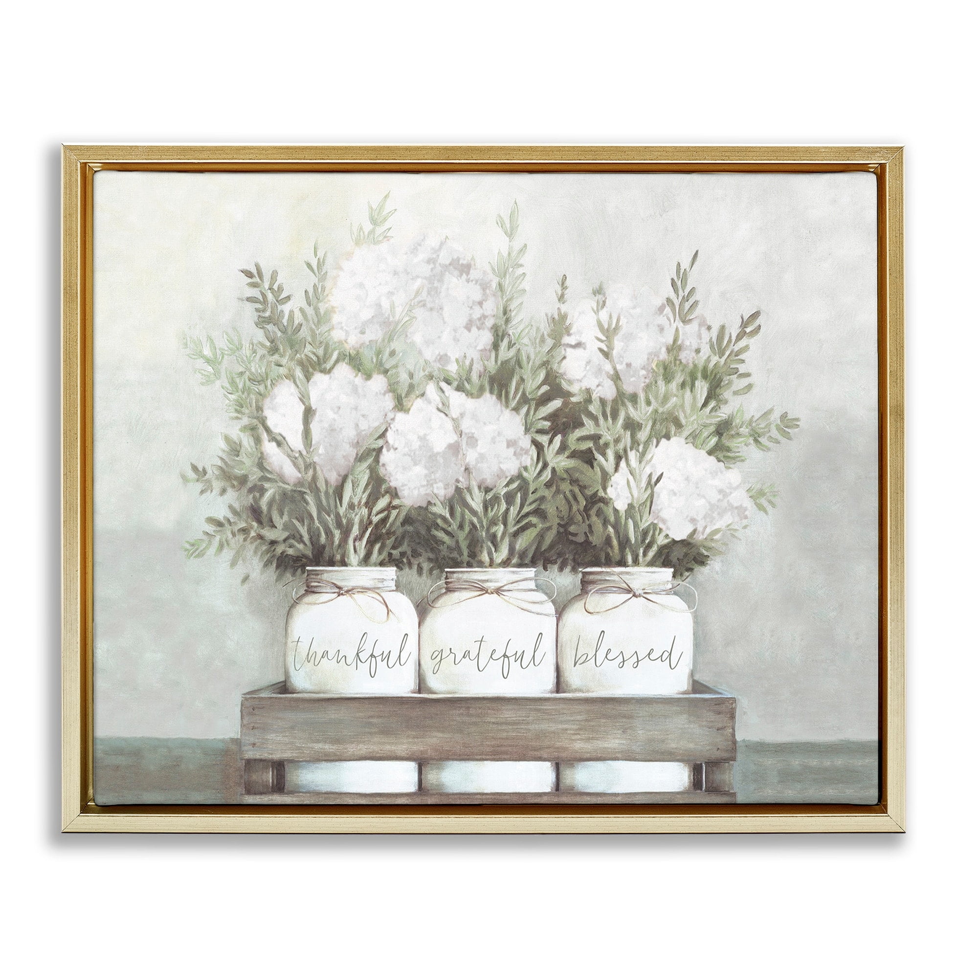 Stupell Industries Pristine Hydrangea Bouquets Thankful Grateful Blessed Sentiment Metallic Gold Framed Floating Canvas Wall Art, 16x20, by Dogwood Portfolio