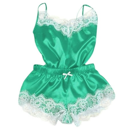

Knosfe Satin Lace Bodysuit Pajamas for Women Sleepwear Eyelash Two Piece Lingerie M