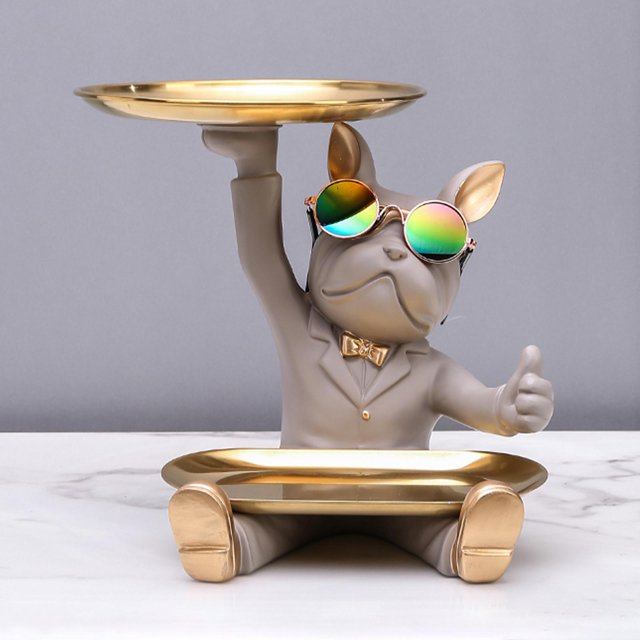 Estatuilla de Perro de Escultura Francesa con Bandeja Organizador de Escritorio Estatua de Resina para Decoración de Mesa de Salón , GRIS Fernando llavero de estatua de resina