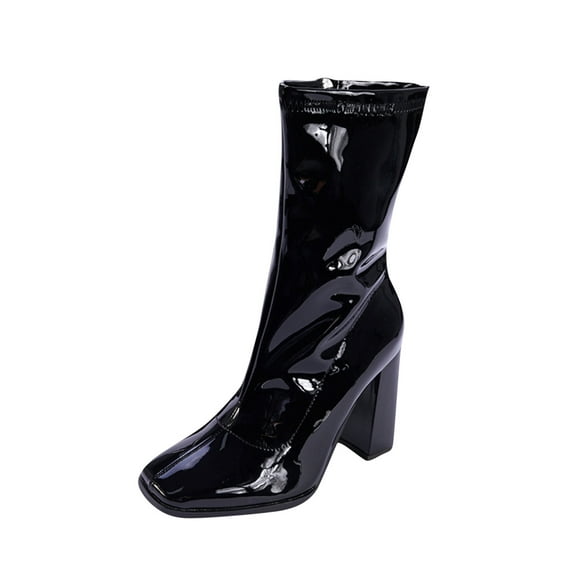 Christmas Gifts Juebong Women's Patent Leather Side Zipper Square Toe Block Heel High Heel Stretch Boots