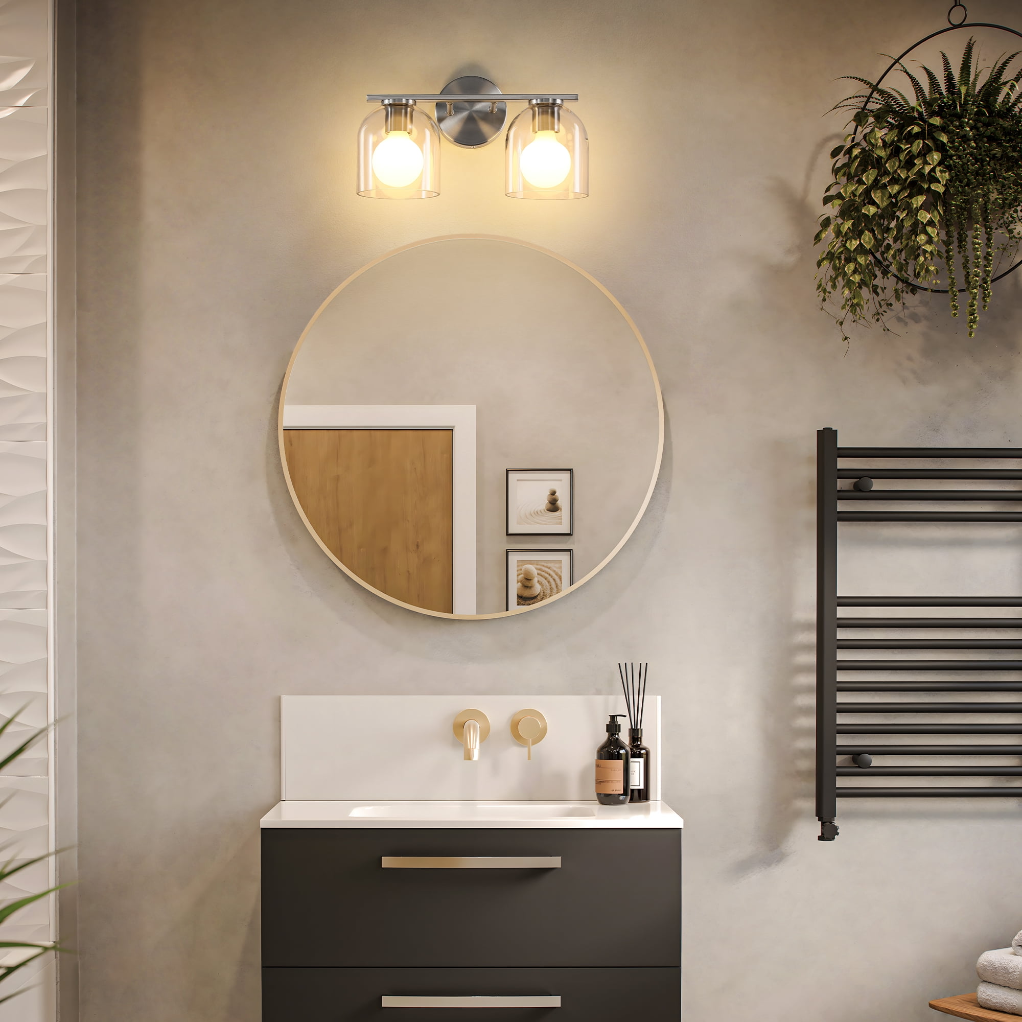 Modern Bathroom Light Fixtures, 2 Light Vanity Lights Over Mirror, Brushed Nickel Wall Lamp with Clear Glass Shade for Living Room Cabinet Bedroom Porch