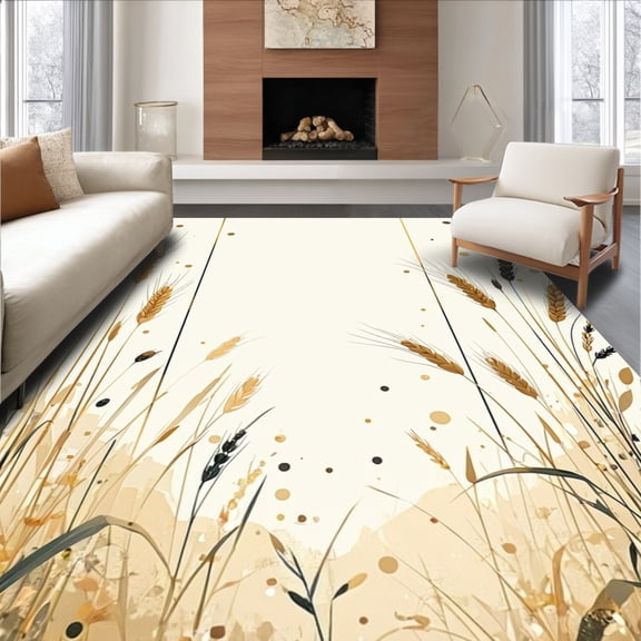 ODIKA 4'x6' Machine Washable Non-Slip Area Rug, Elegant Blade Grass Botanical Meadow Illustration High Traffic Rug, Beige, 185008