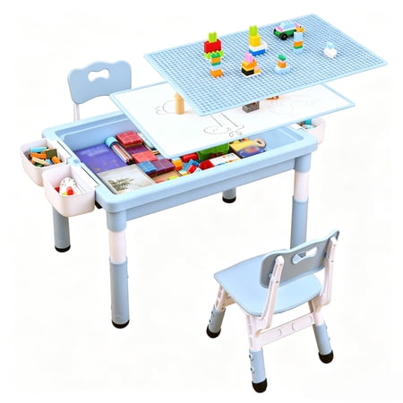 4-in-1 Toddler Activity Table with 2 Chairs Double Sided Tabletop for Graffiti & Building Blocks Kids Play Set with Four Side Storage Bins Blue