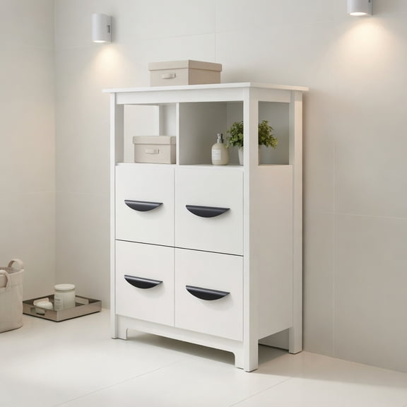 Spaco White 24 Inch Floor Cabinet with 2 Open Compartments & 2 Drawers, Anti-Tipping & Easy to Clean